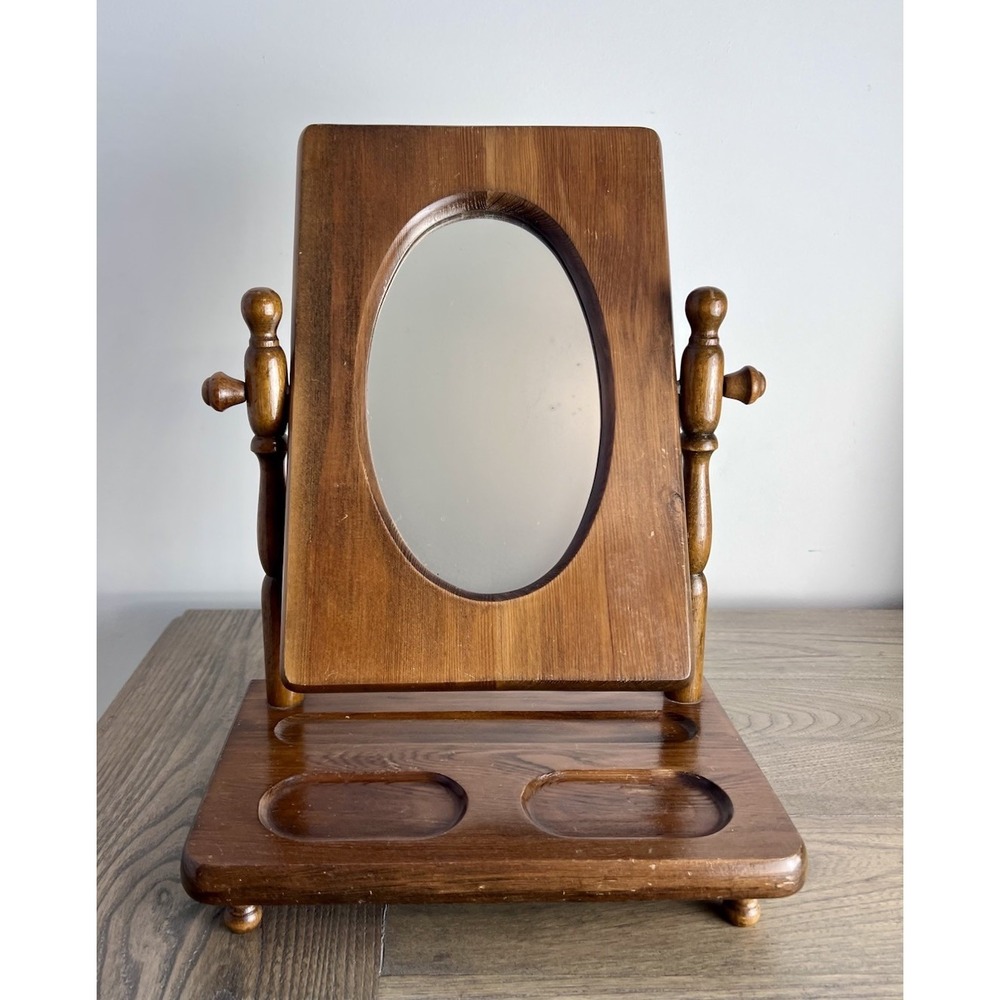 Vtg 50s 60s Shaving Mirror Wood With Tray
